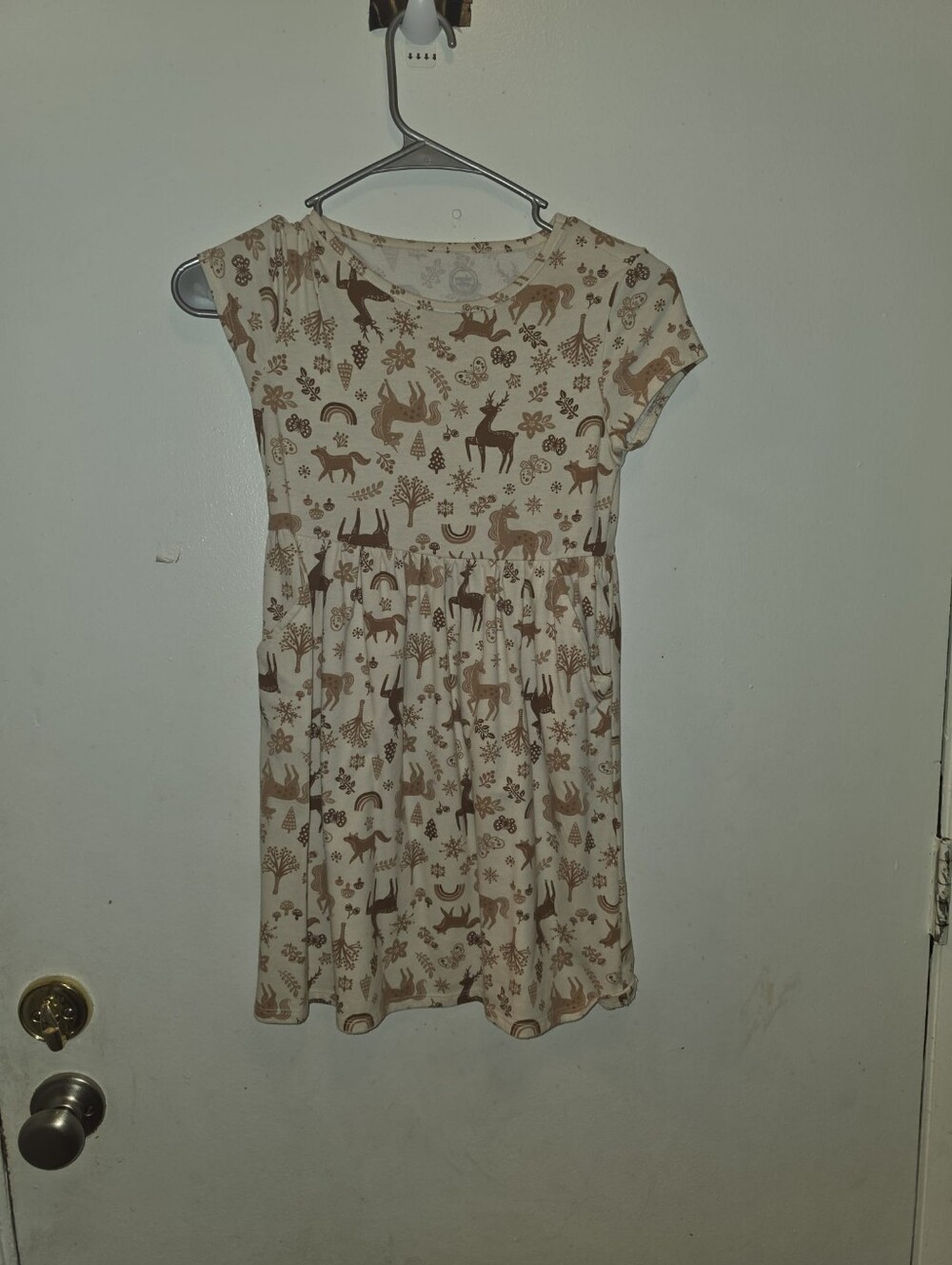 Girls Cream Dress with Brown Woodland Print